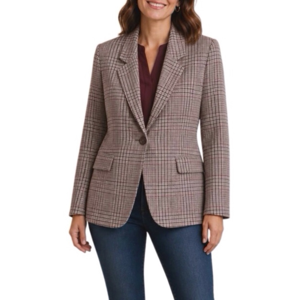 Haberdashery By Leslie Fay Vintage Wool Jacket One Button Plaid Brown Size 16